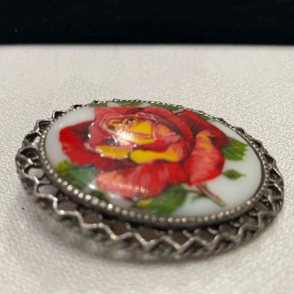 Vintage Silver Brooch With Porcelain Flower Cameo